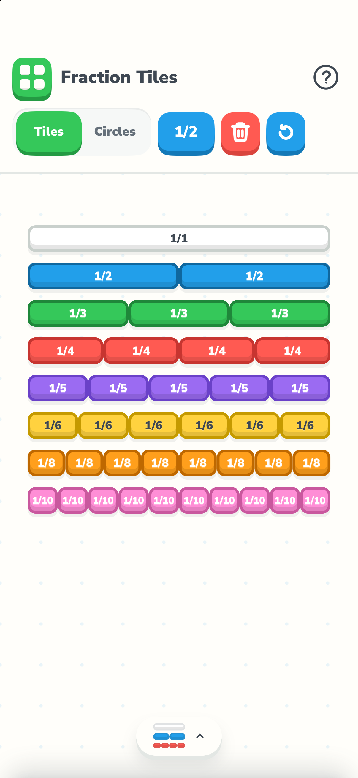 Fraction tiles in the native Manipulatives app on iPhone