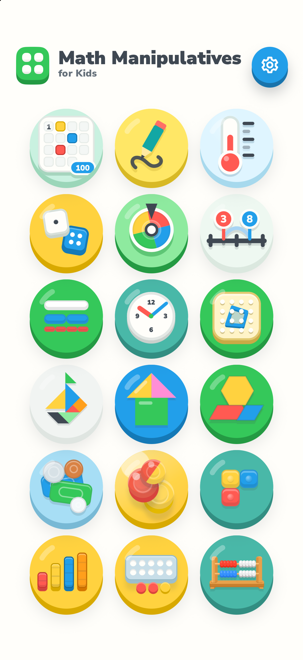 The Manipulatives app home screen with its collection of math tools on iPhone