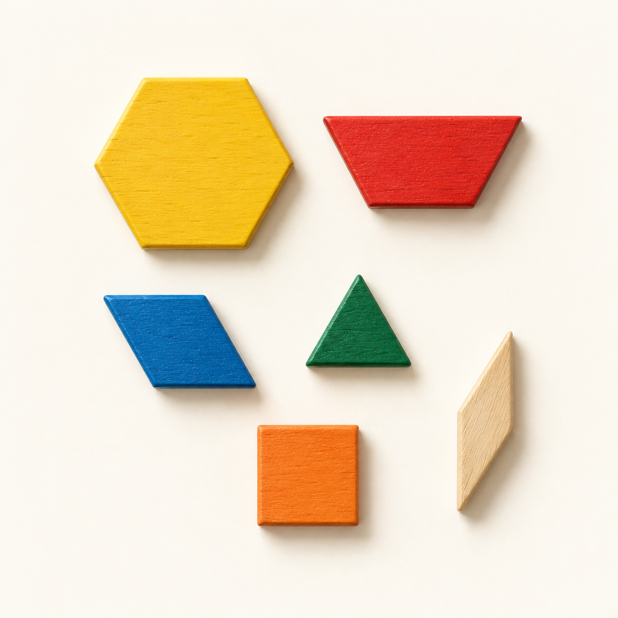 Six colorful wooden pattern block shapes